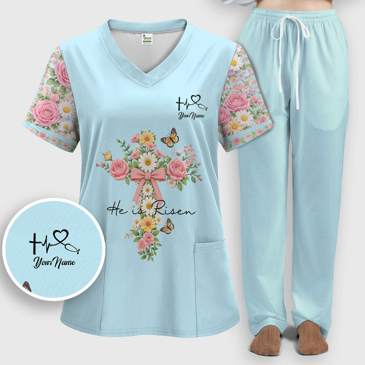 Personalized Easter Nurse He Is Risen Scrub Set