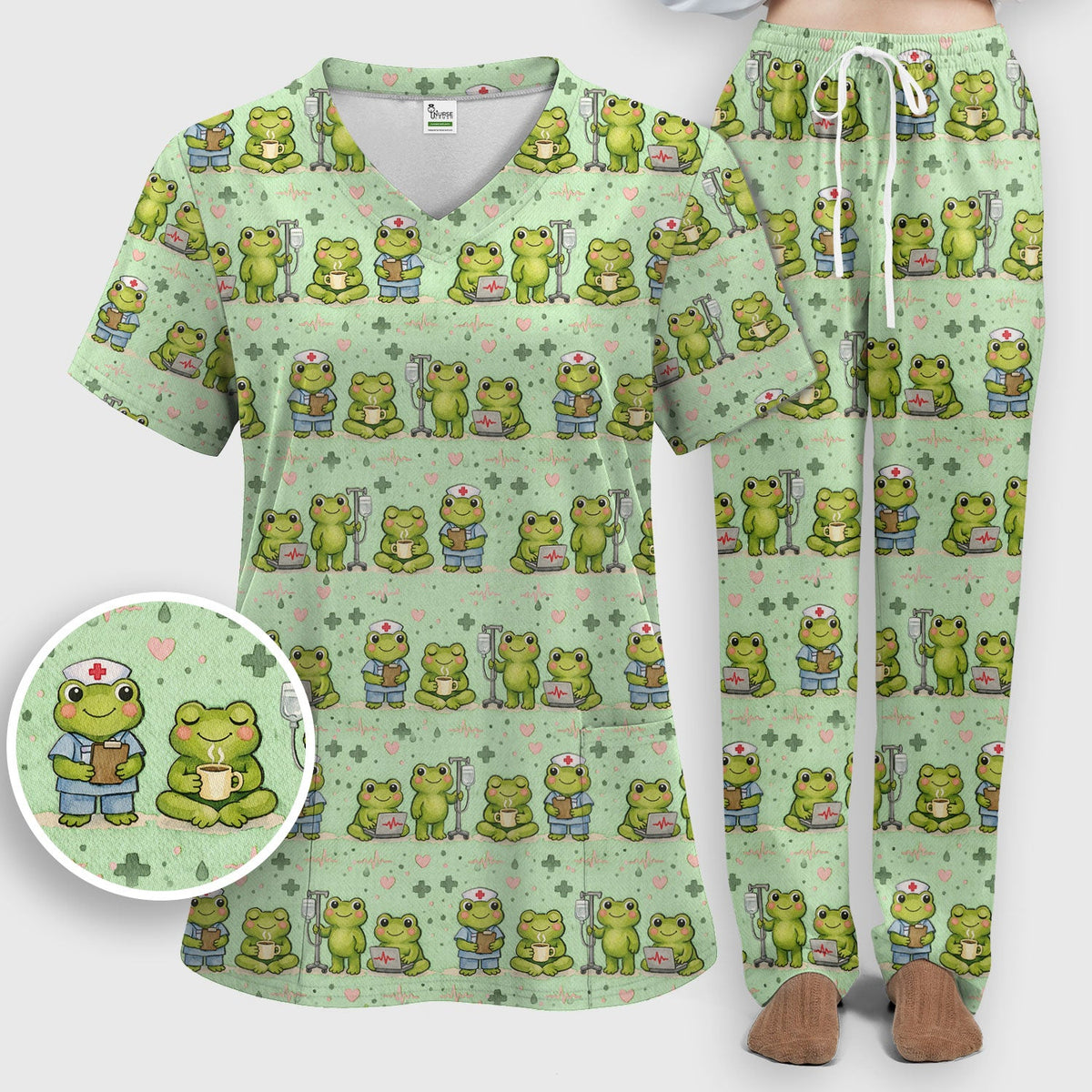 Adorable Frog Various Poses Nurse Scrub Set