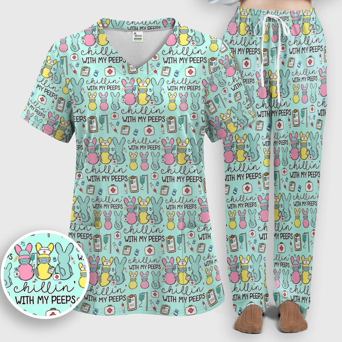 Bunny Nurse Chillin With My Peeps Scrub Set - Easter Gift