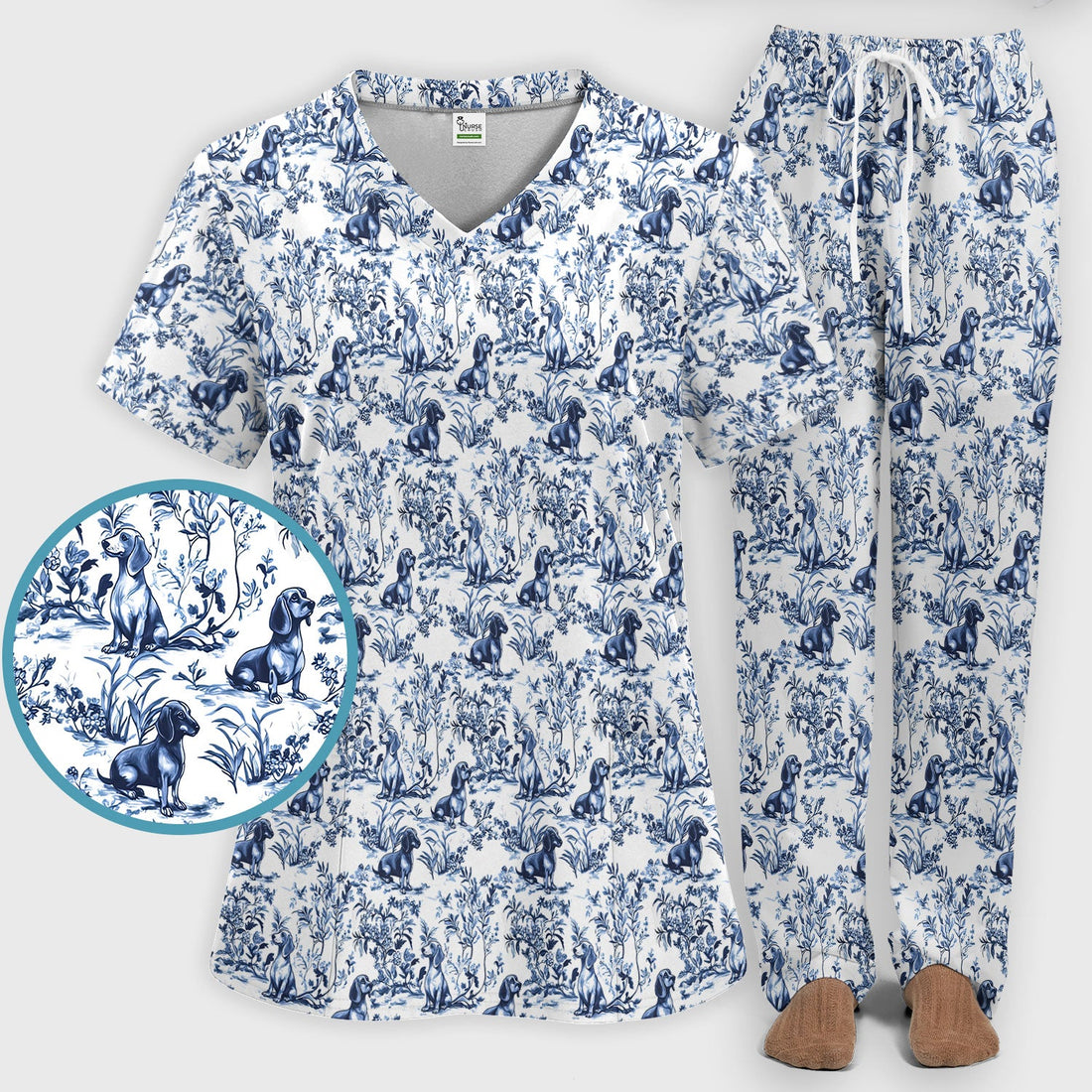 Toile De Jouy Dachshund Nurse Scrub Set