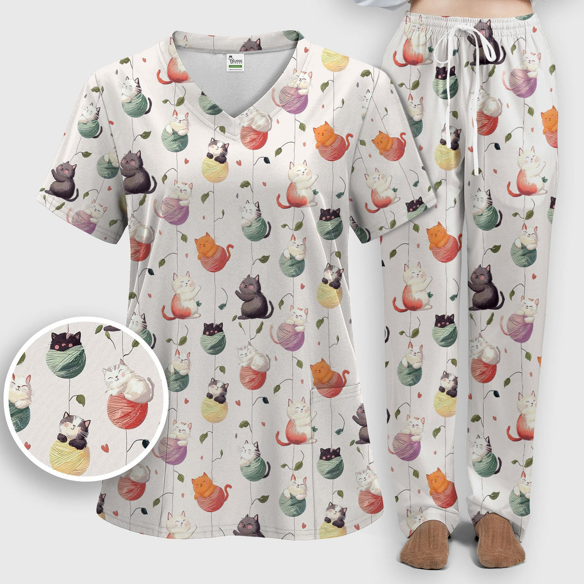Cats Playing Yarn Balls Nurse Scrub Set