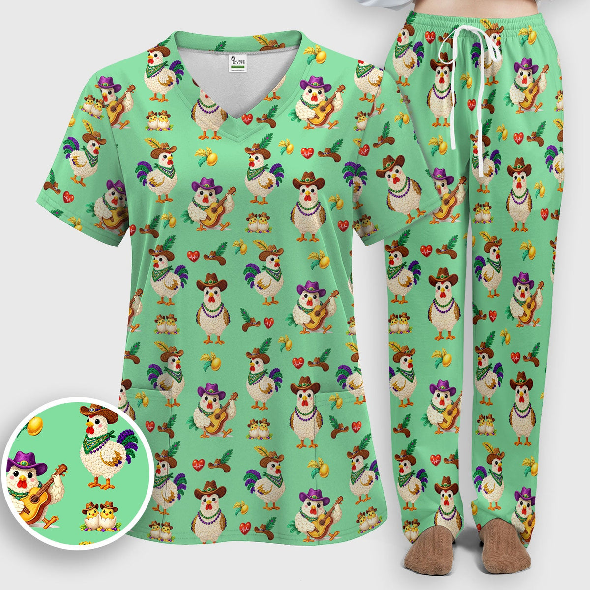 Mardi Gras Rooster Cowboy Nurse Scrub Set