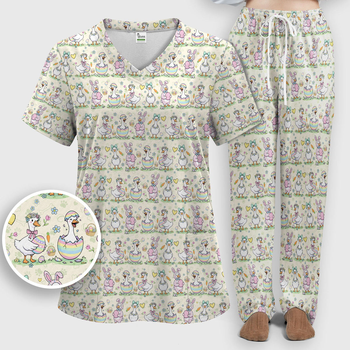 Spring Easter Goose Bunny Nurse Scrub Set