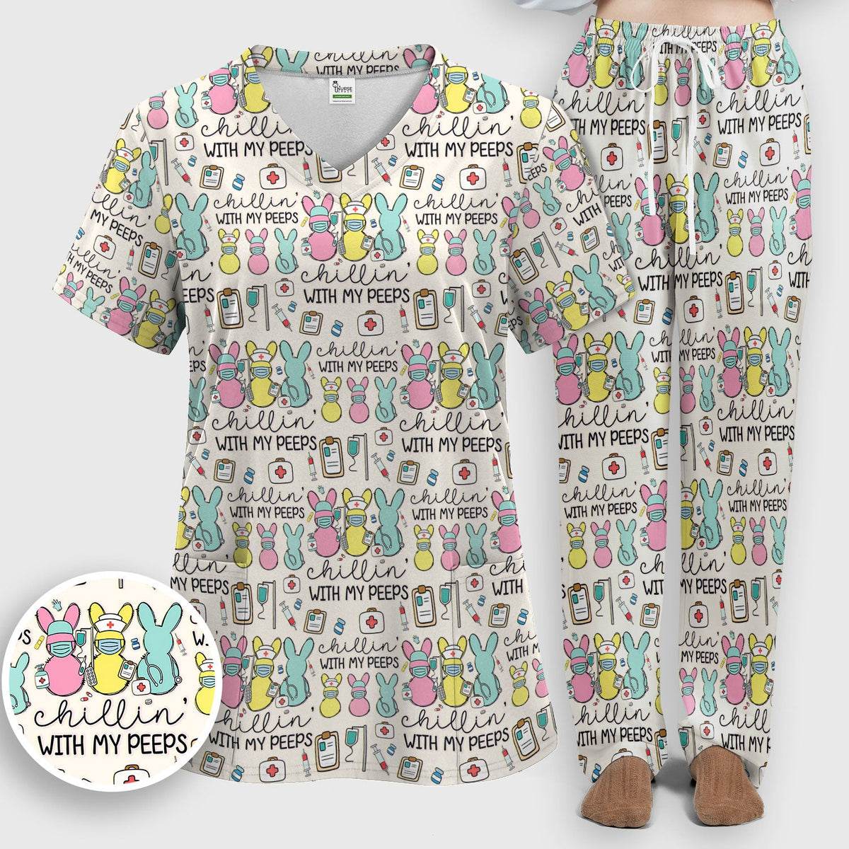 Bunny Nurse Chillin With My Peeps Scrub Set - Easter Gift