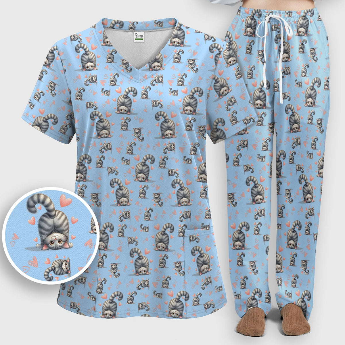 Valentine Cute Cat Heart Nurse Scrub Set