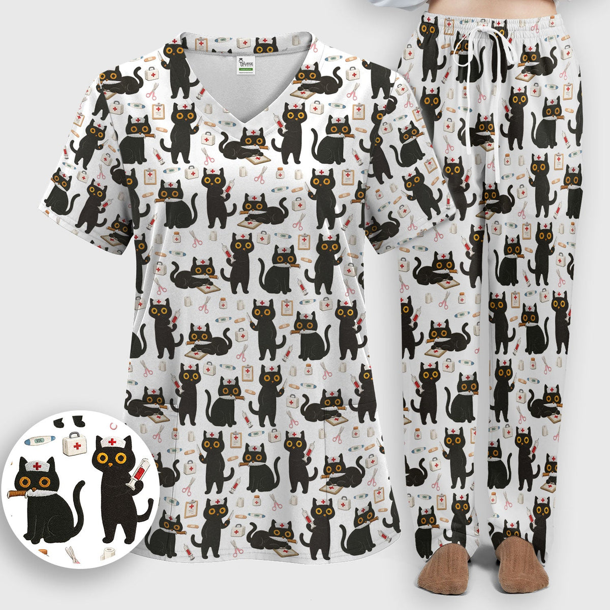 Cute Teal Black Cat Nurse Scrub Set