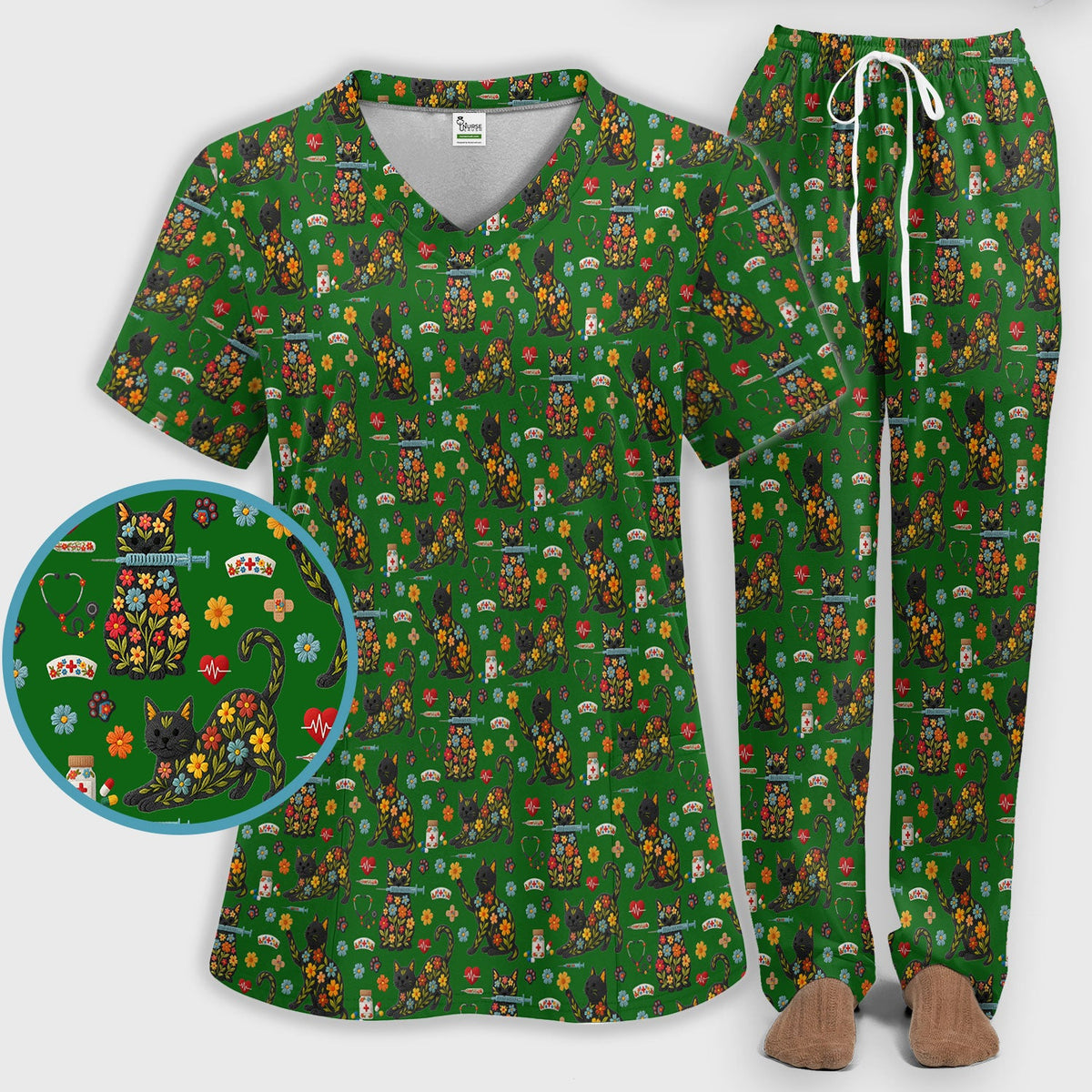 Floral Black Cat Nurse Scrub Set