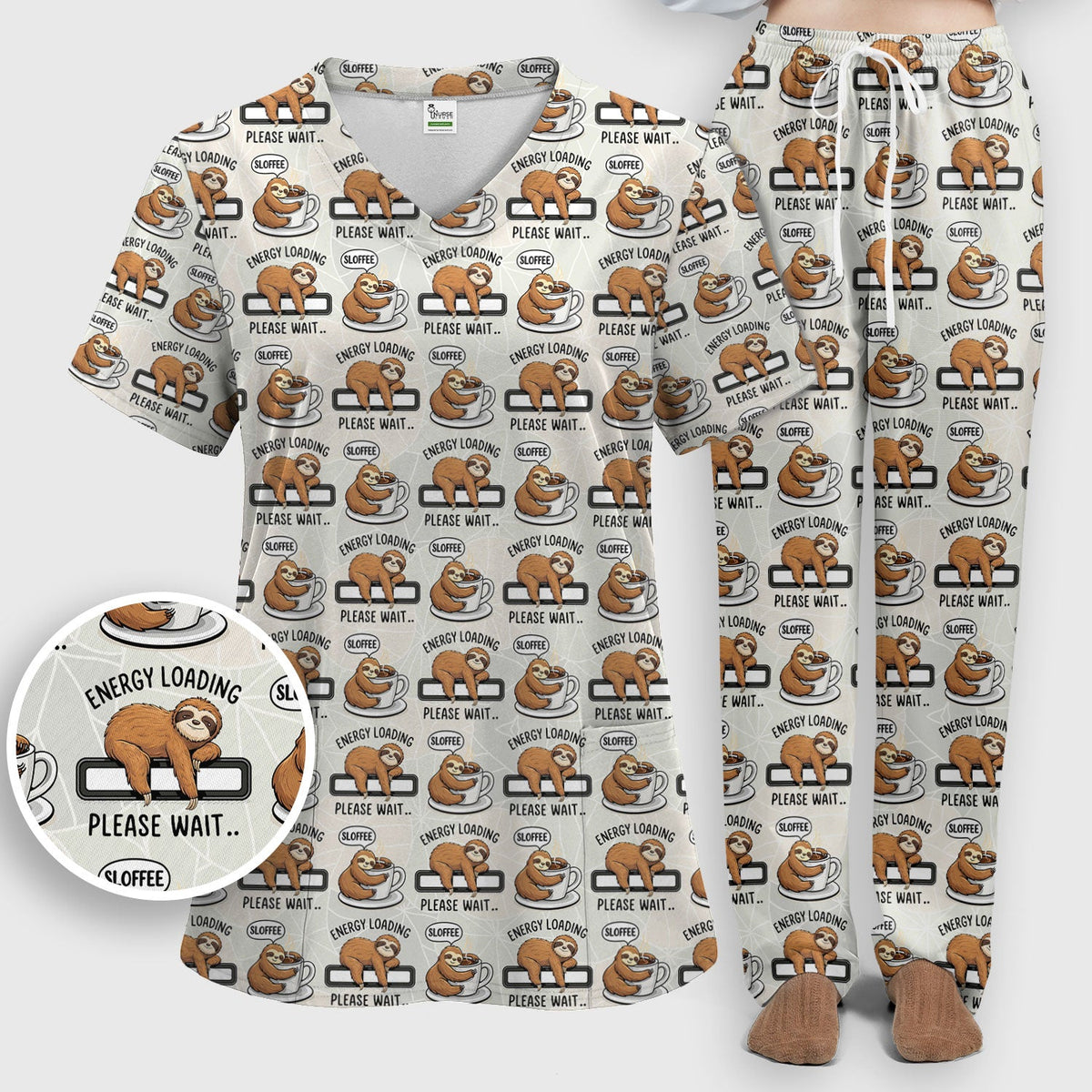 Sloth Coffee Energy Nurse Scrub Set
