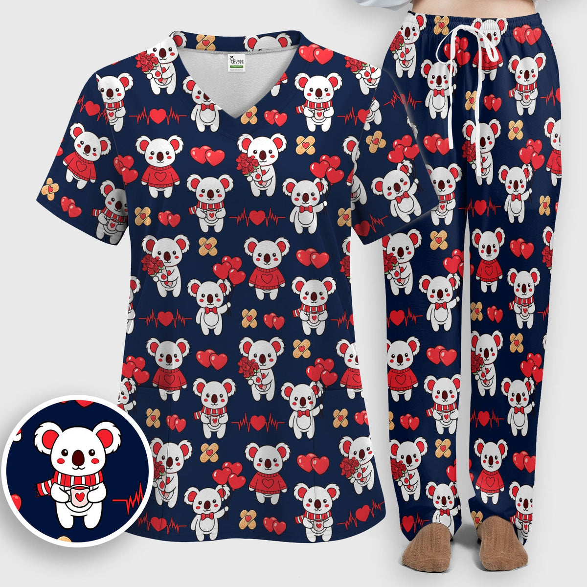 Sweet Koala Valentine Medical Design Scrub Set, Breathable Med Uniform
