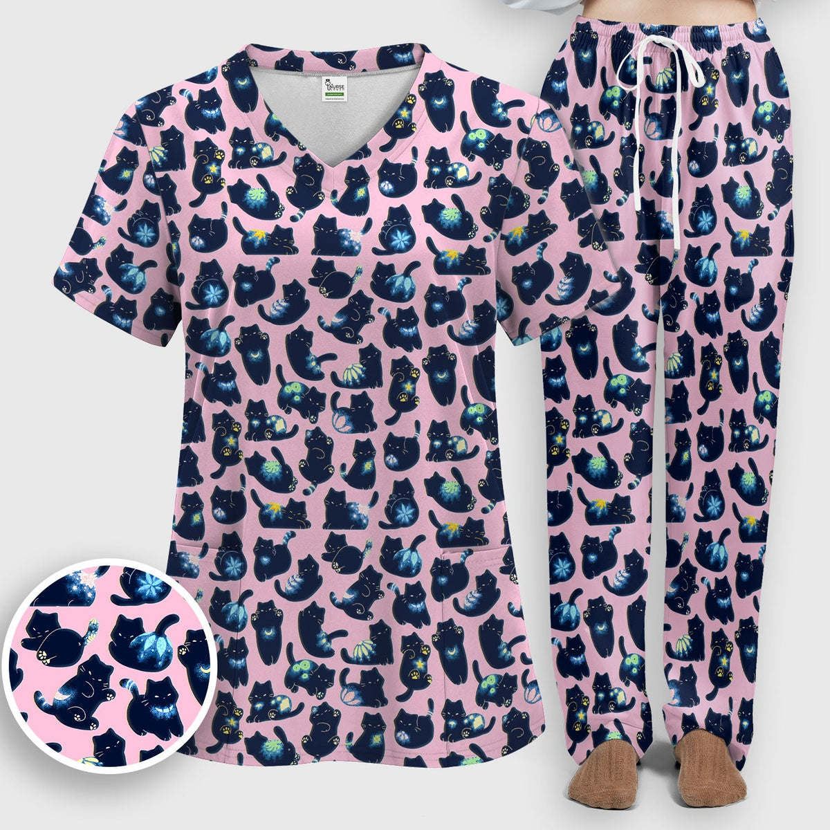Midnight Black Cat Nurse Scrub Set