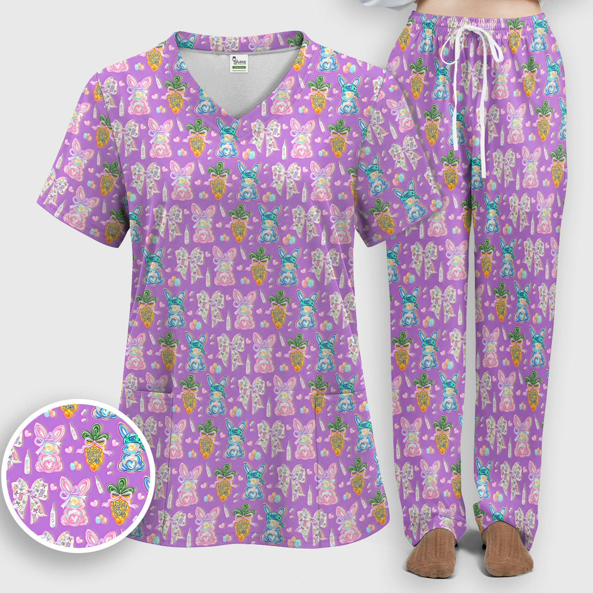 Bunny Carrot Bow Nurse Scrub Set - Easter Gift
