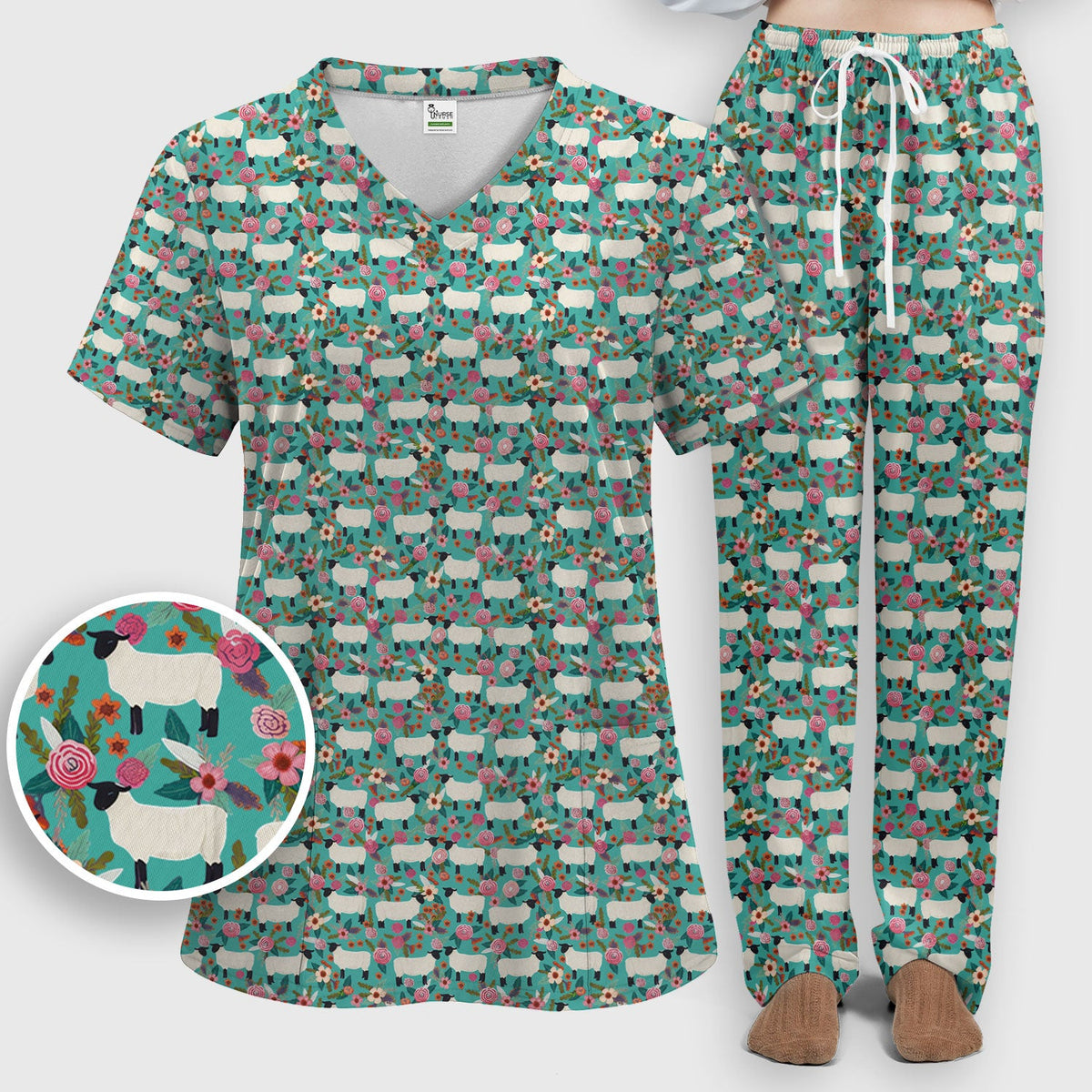 Sheep Floral Meadow Nurse Scrub Set