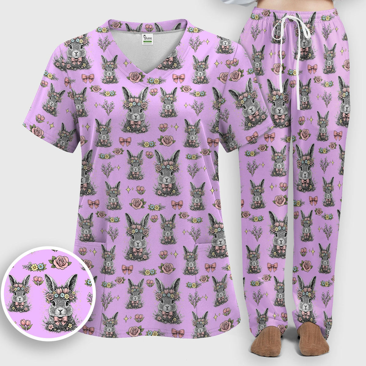 Vintage Floral Bunny Nurse Scrub Set