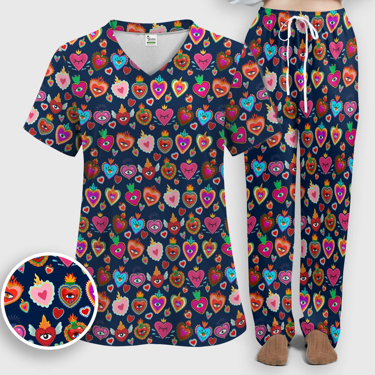 Valentine Colorful Sacred Heart Nurse Scrub Set