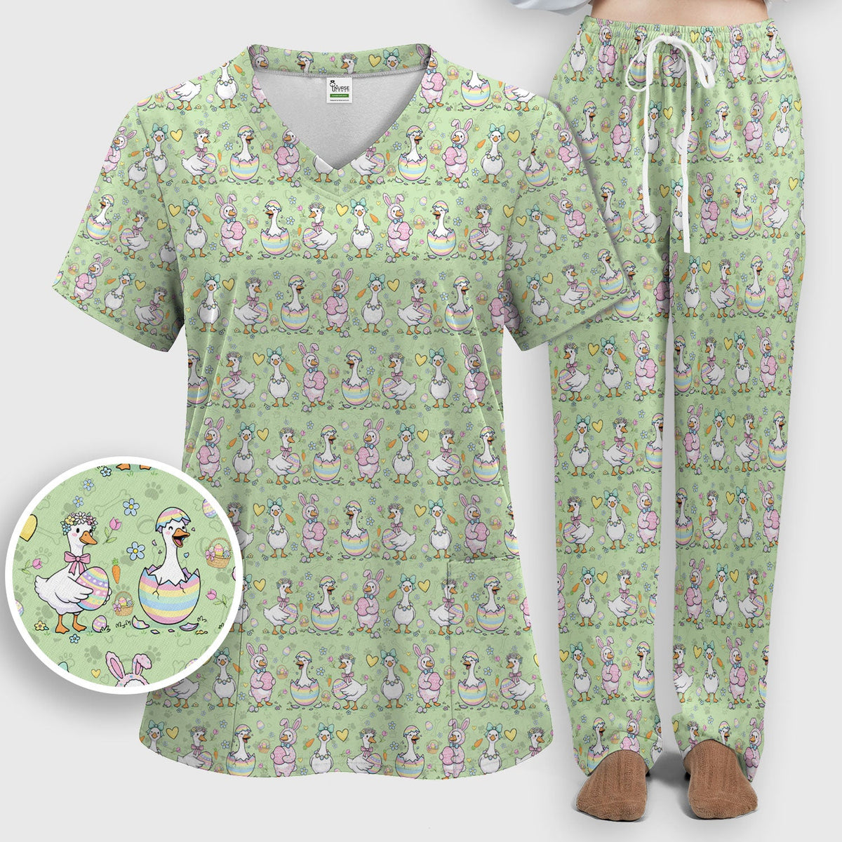 Spring Easter Goose Bunny Nurse Scrub Set