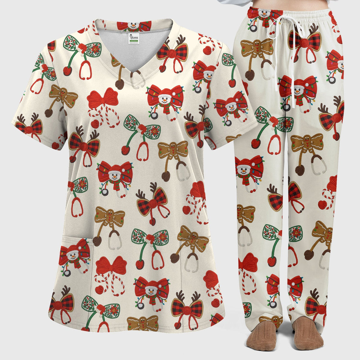 Christmas Stethoscope Bow Nurse Scrub Set