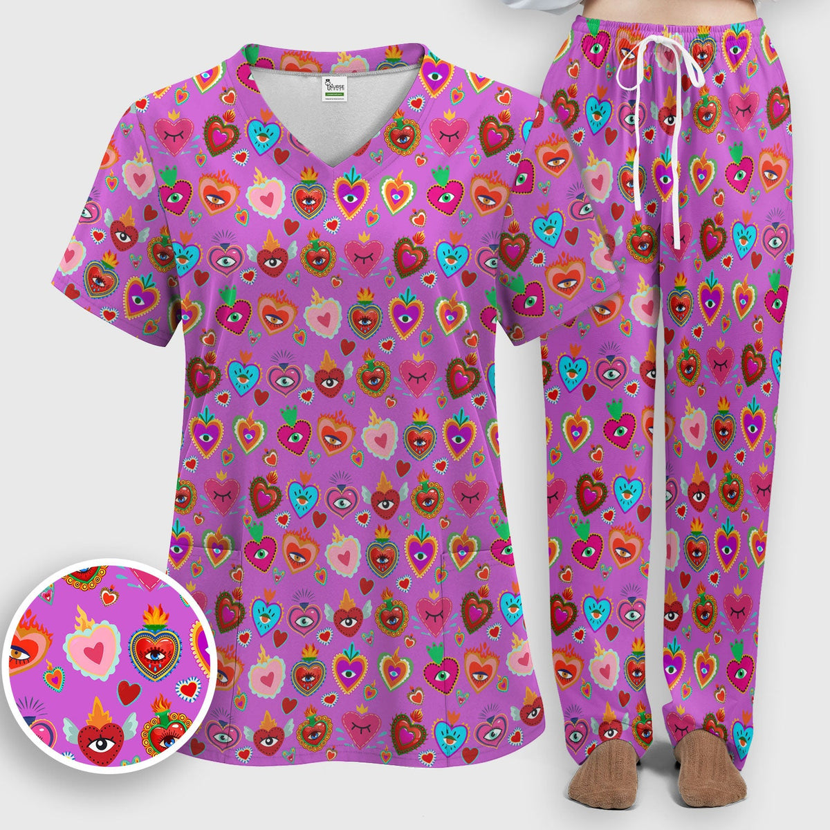 Valentine Colorful Sacred Heart Nurse Scrub Set