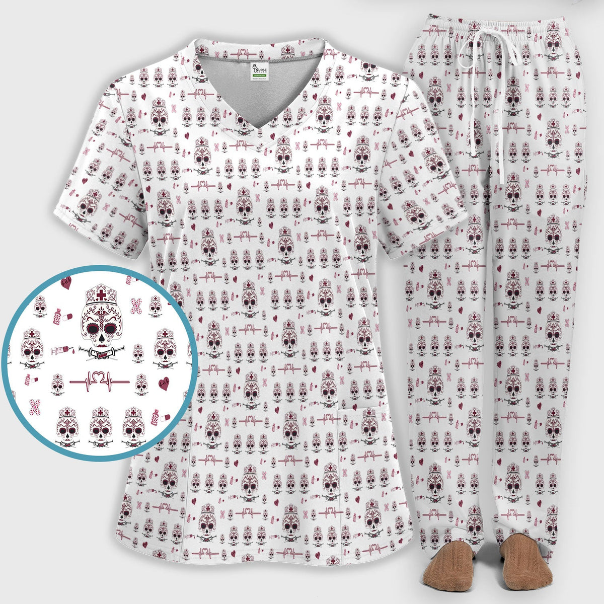 Sugar Skull Scrub Set, Skull Pattern Scrub Shirt, Breathable Fabrics Nursing Uniform