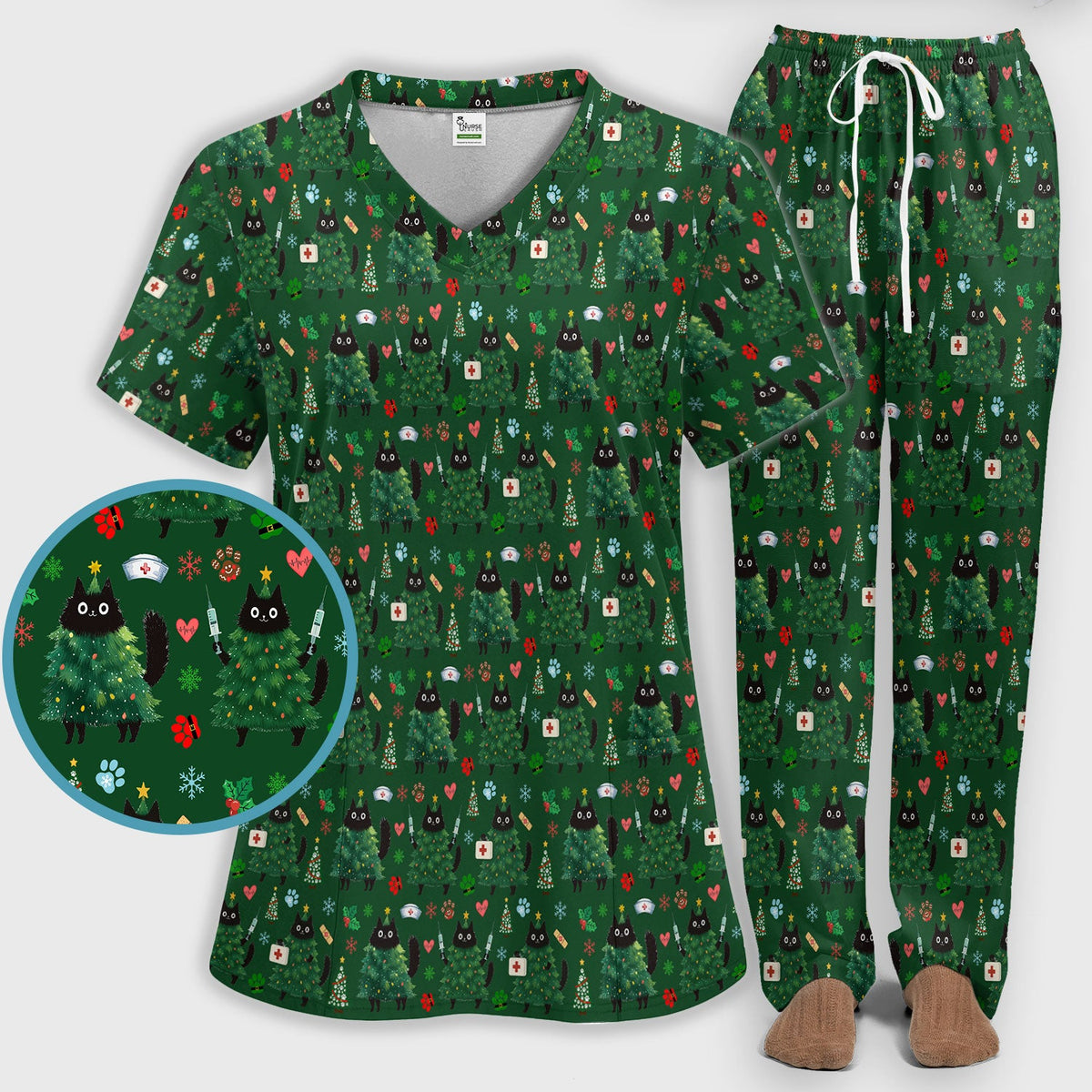 Christmas Black Cat Nurse Scrub Set