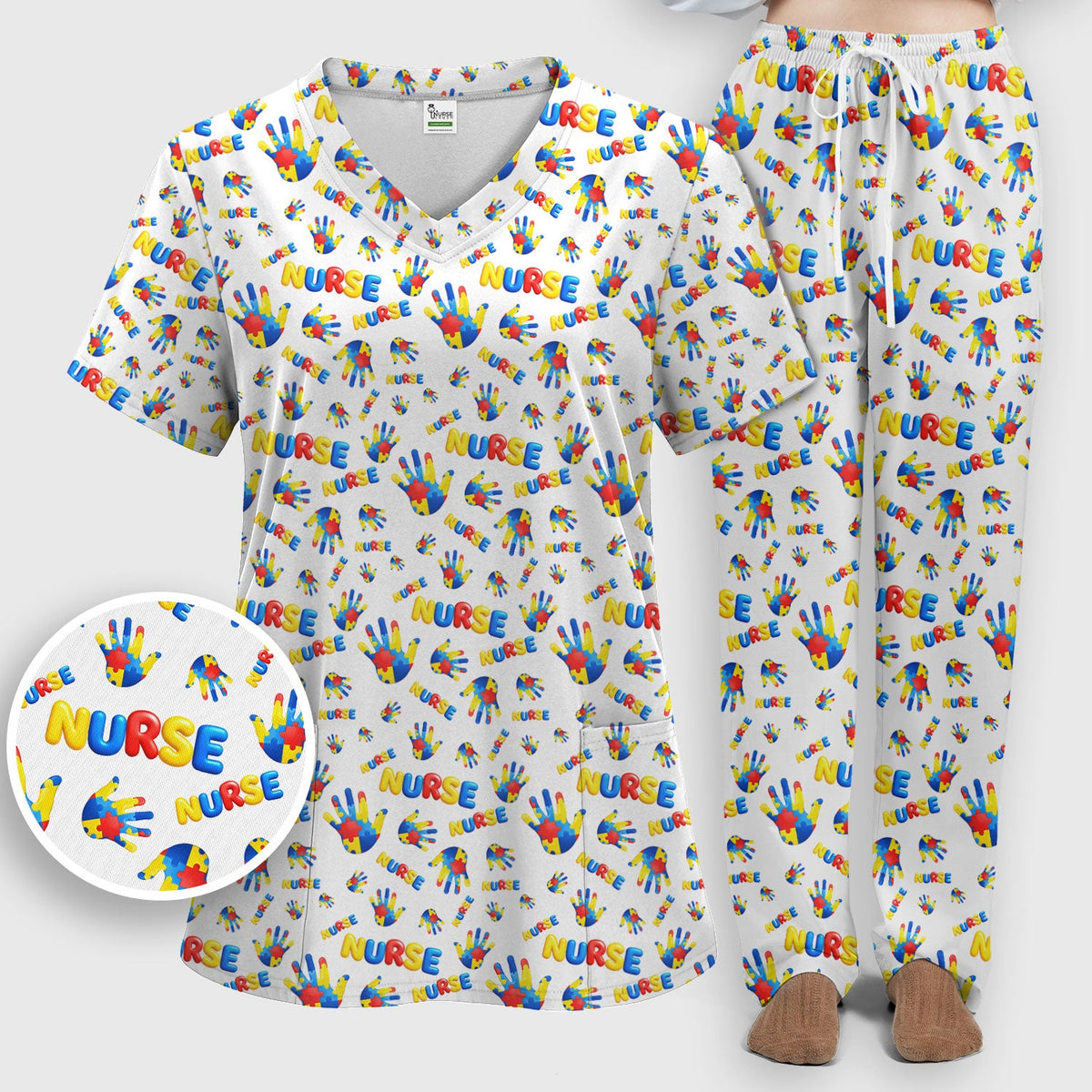 Colorful Autism Handprint Nurse Scrub Set