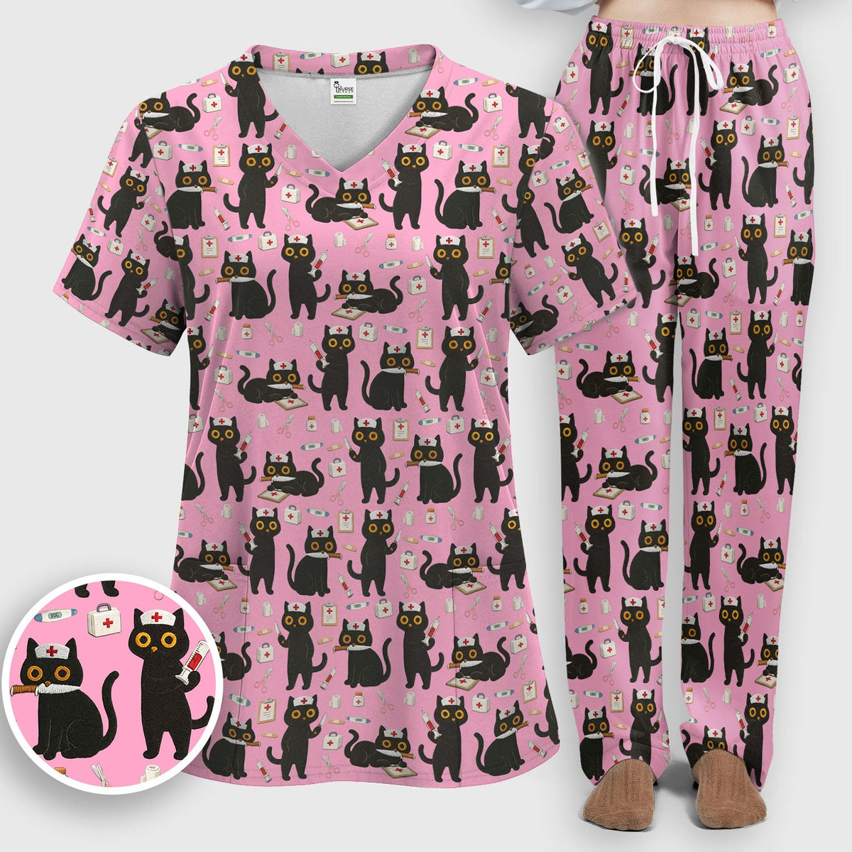 Cute Teal Black Cat Nurse Scrub Set