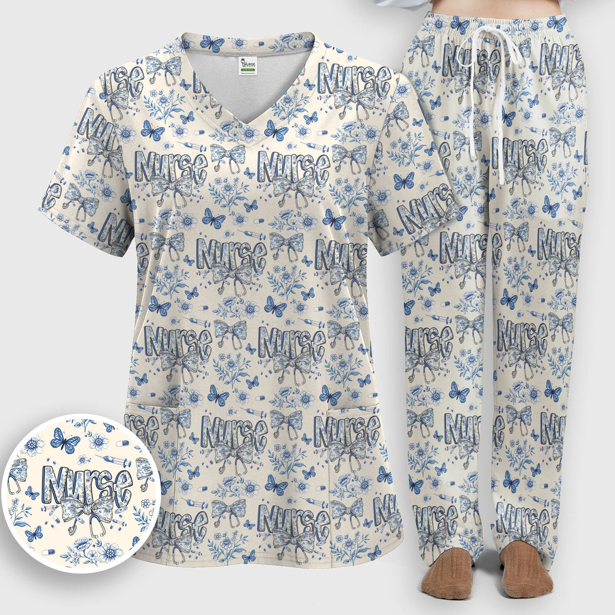 Blue Nurse Bow Butterfly Floral Scrub Set