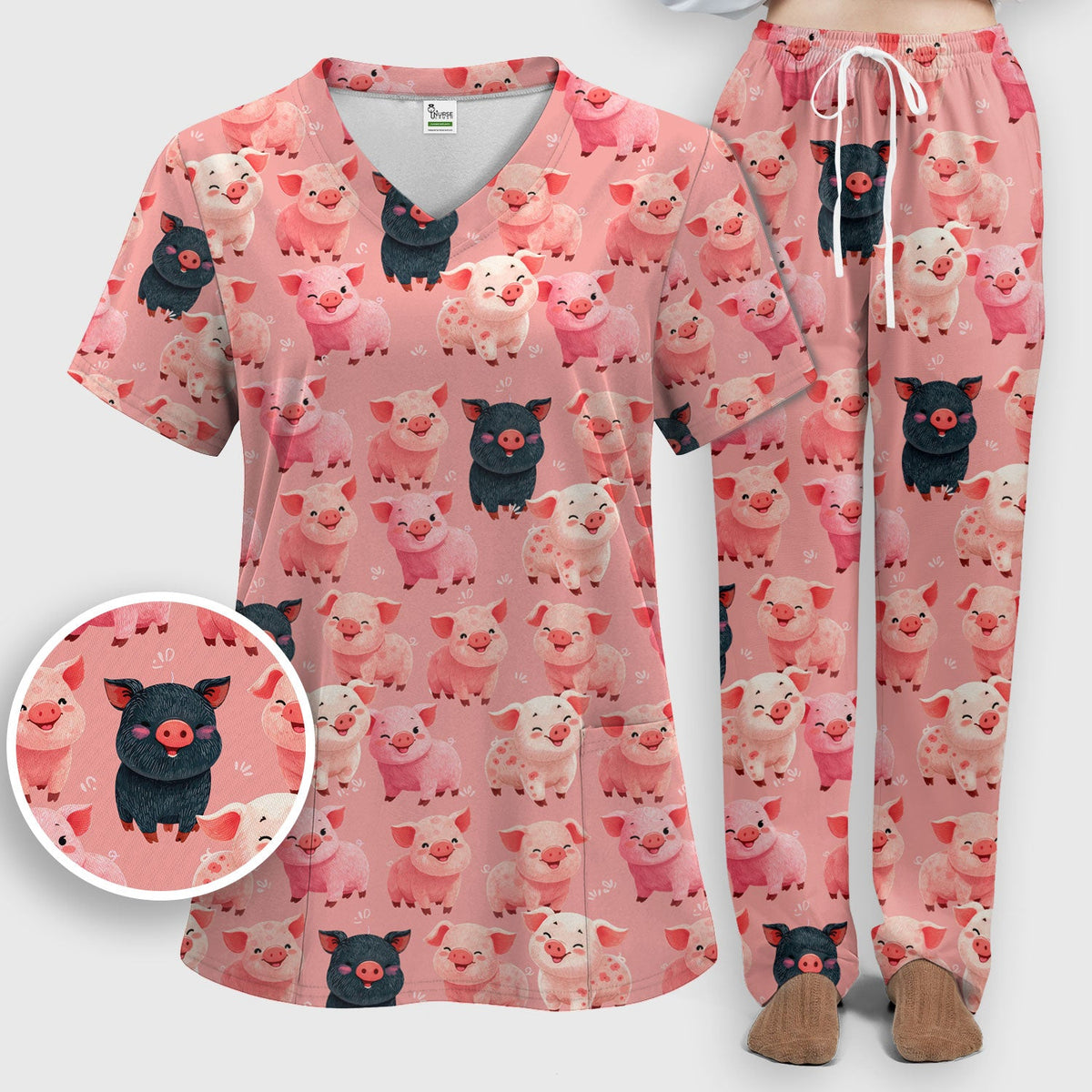 Funny Farm Pig Cartoon Pattern Scrub Set, Nurse Uniform Scrubs Set