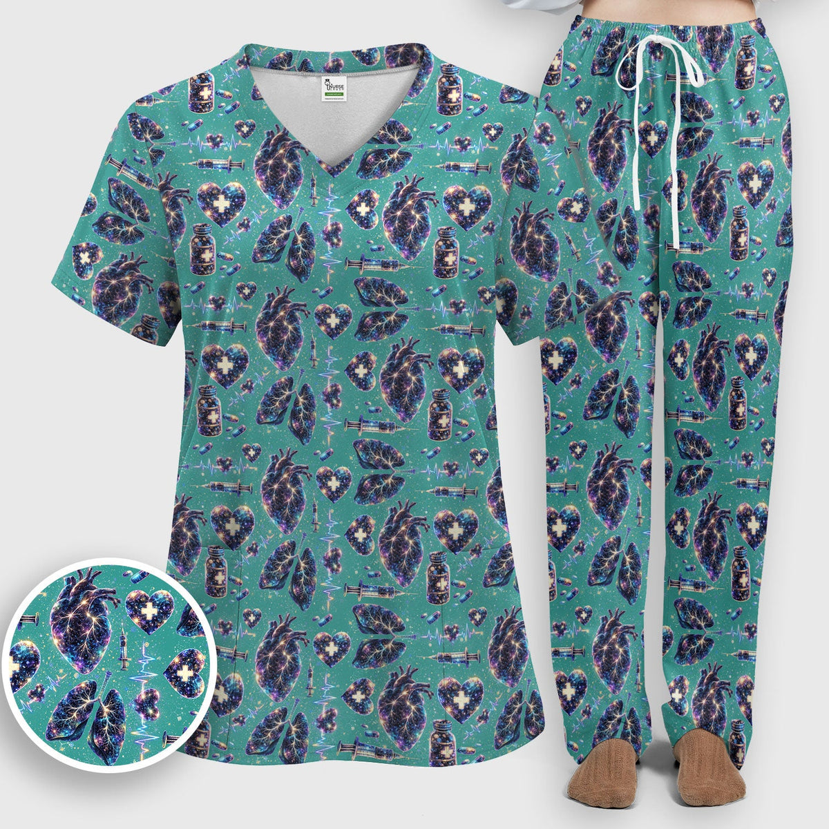 Galaxy Anatomical Heart Lung Syringe Nurse Scrub Set