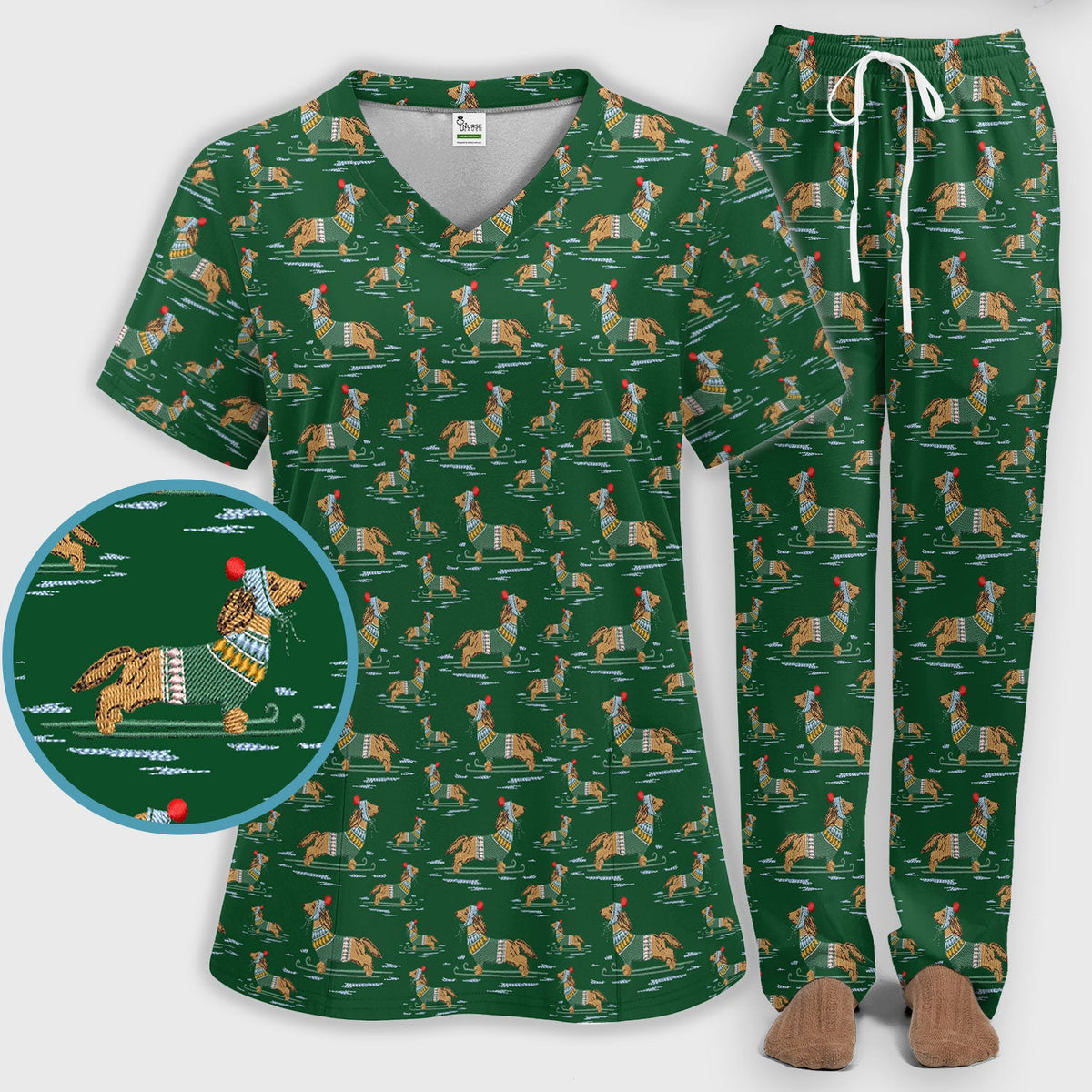 Dachshund Nurse Scrub Set, Wiener Dog Winter Pattern Shirt, Breathable Fabrics Nursing Uniform