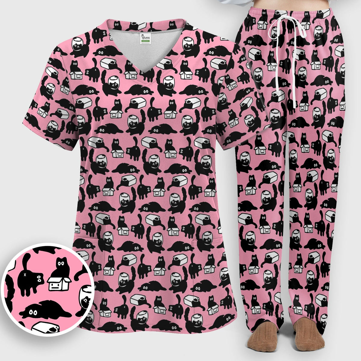Dark Playful Cat Cartoon Pattern Scrub Set, Breathable Med Uniform