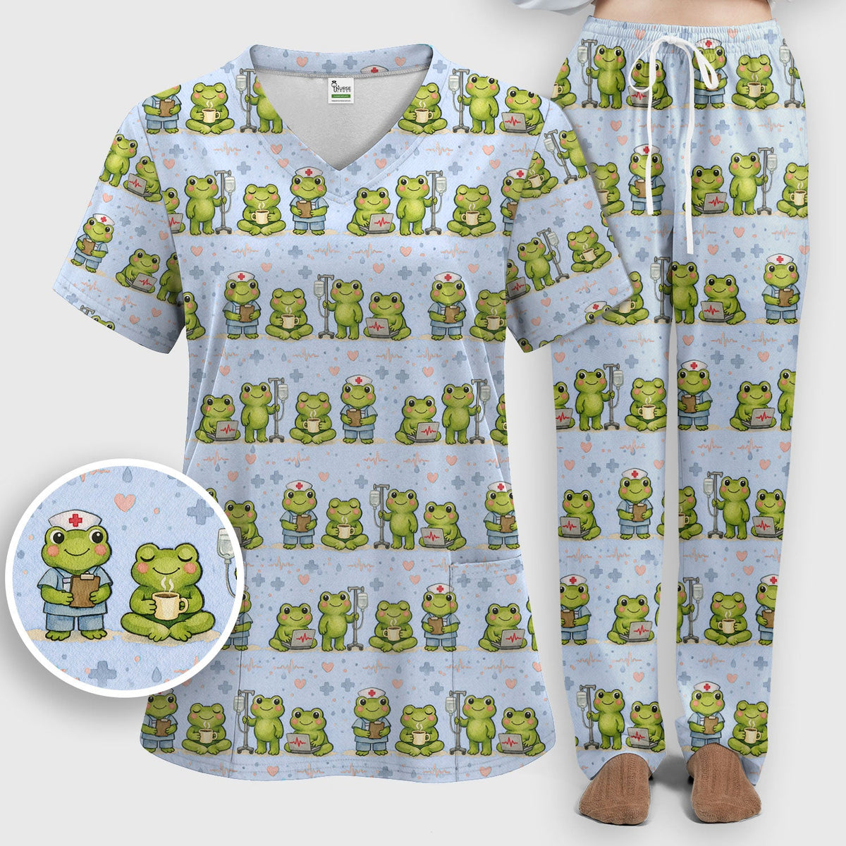 Adorable Frog Various Poses Nurse Scrub Set
