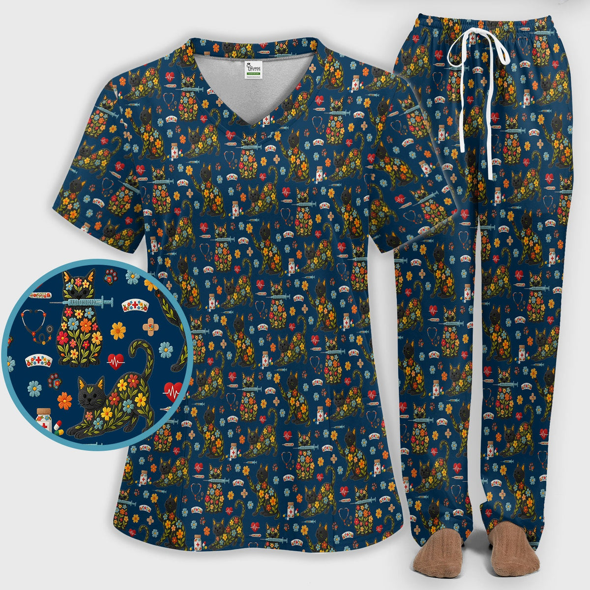 Floral Black Cat Nurse Scrub Set