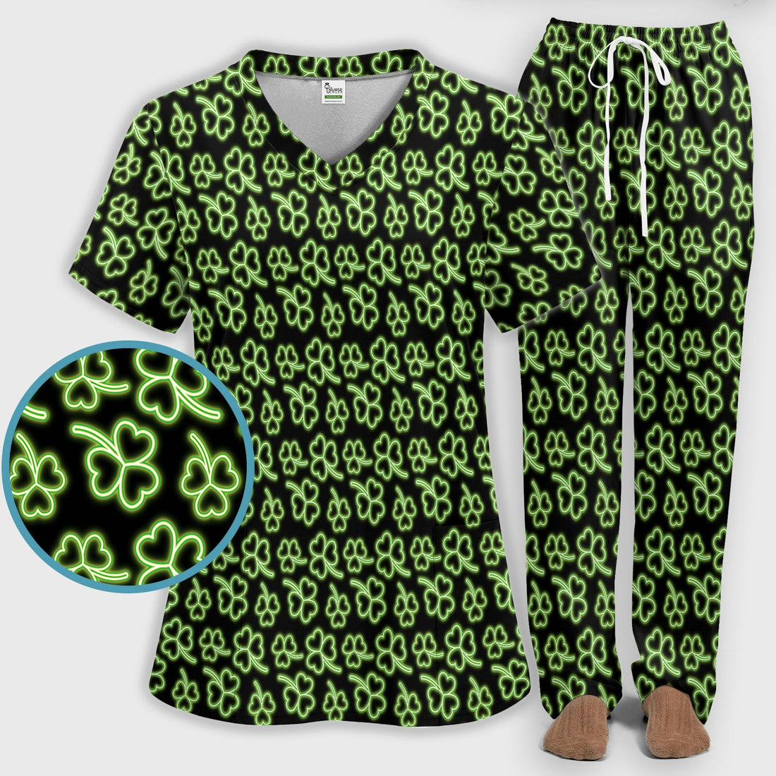 Neon Shamrock Glow Green Nurse Scrub Set - St Patricks Day Gift