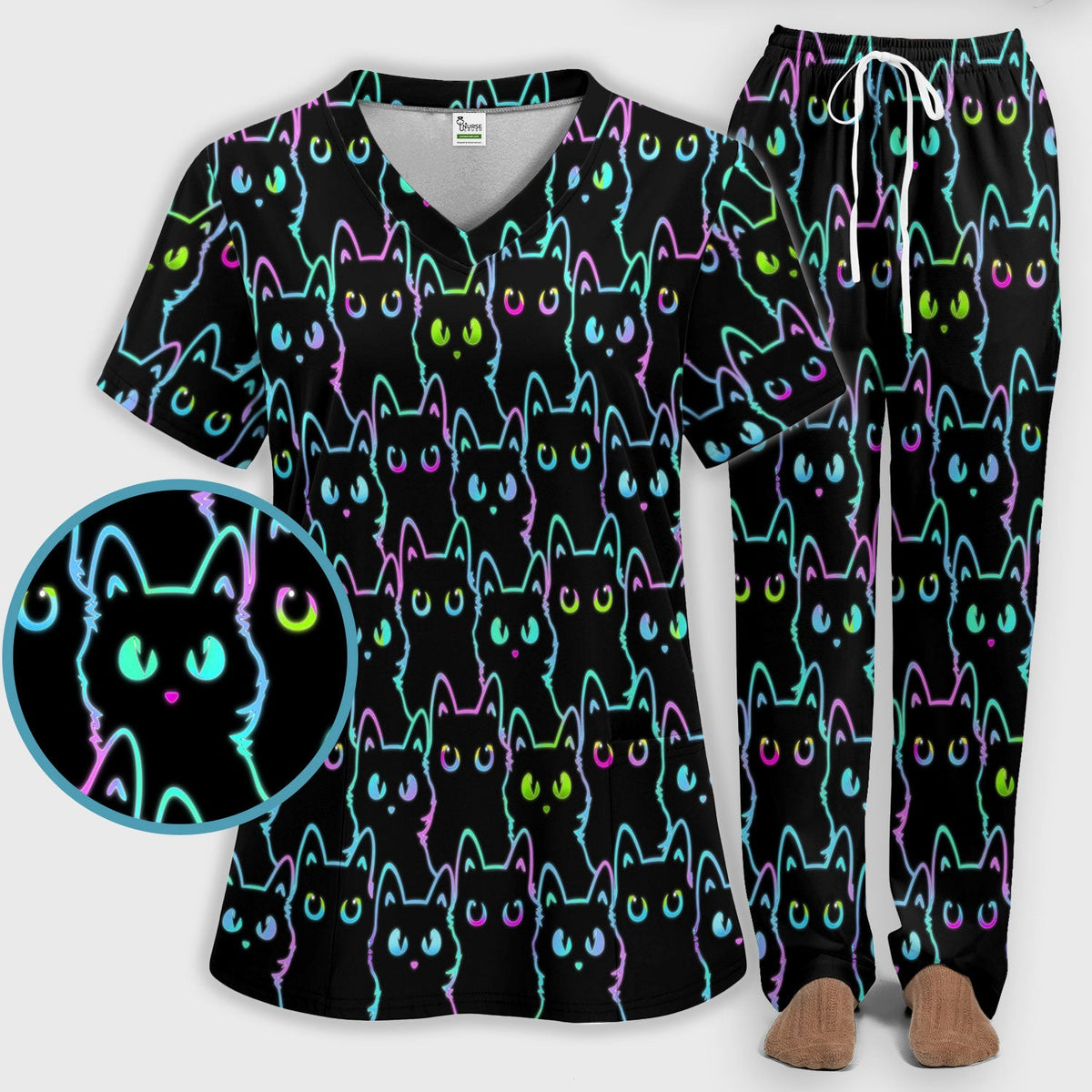 Neon Cat Pattern Scrub Set, Black Cat Scrub Shirt, Breathable Fabrics Nursing Uniform