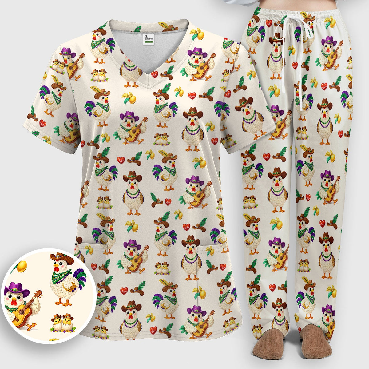 Mardi Gras Rooster Cowboy Nurse Scrub Set