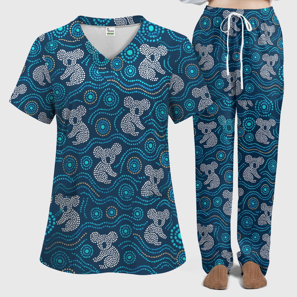 Australian Koala Aboriginal Dot Art Scrub Set, Aboriginal Pattern Shirt, Breathable Nursing Uniform