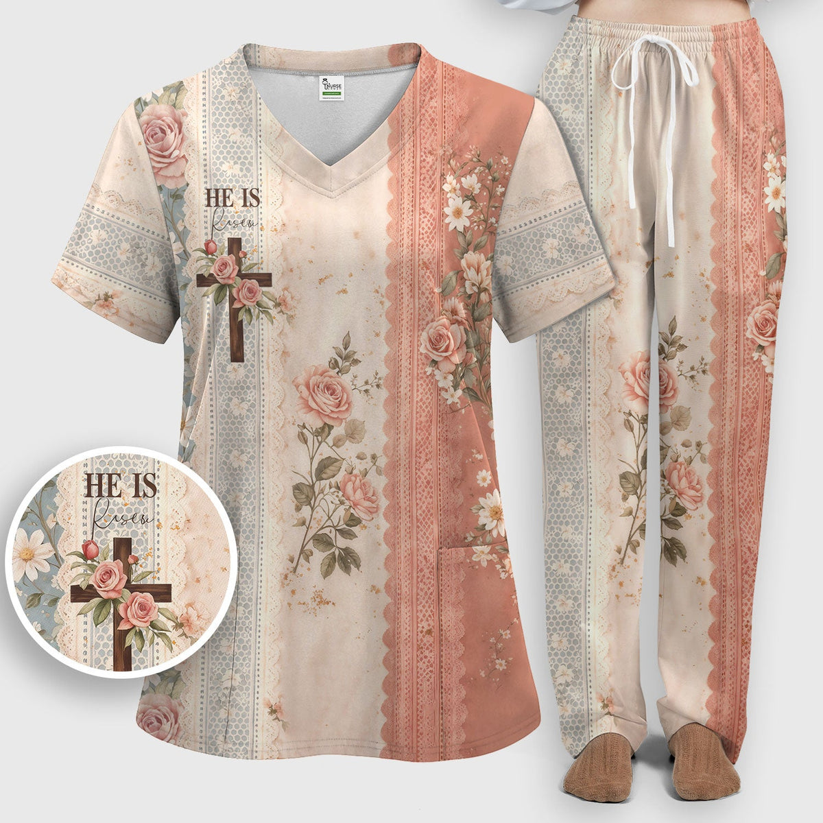 Christian Cross Rose He Is Risen Nurse Scrub Set