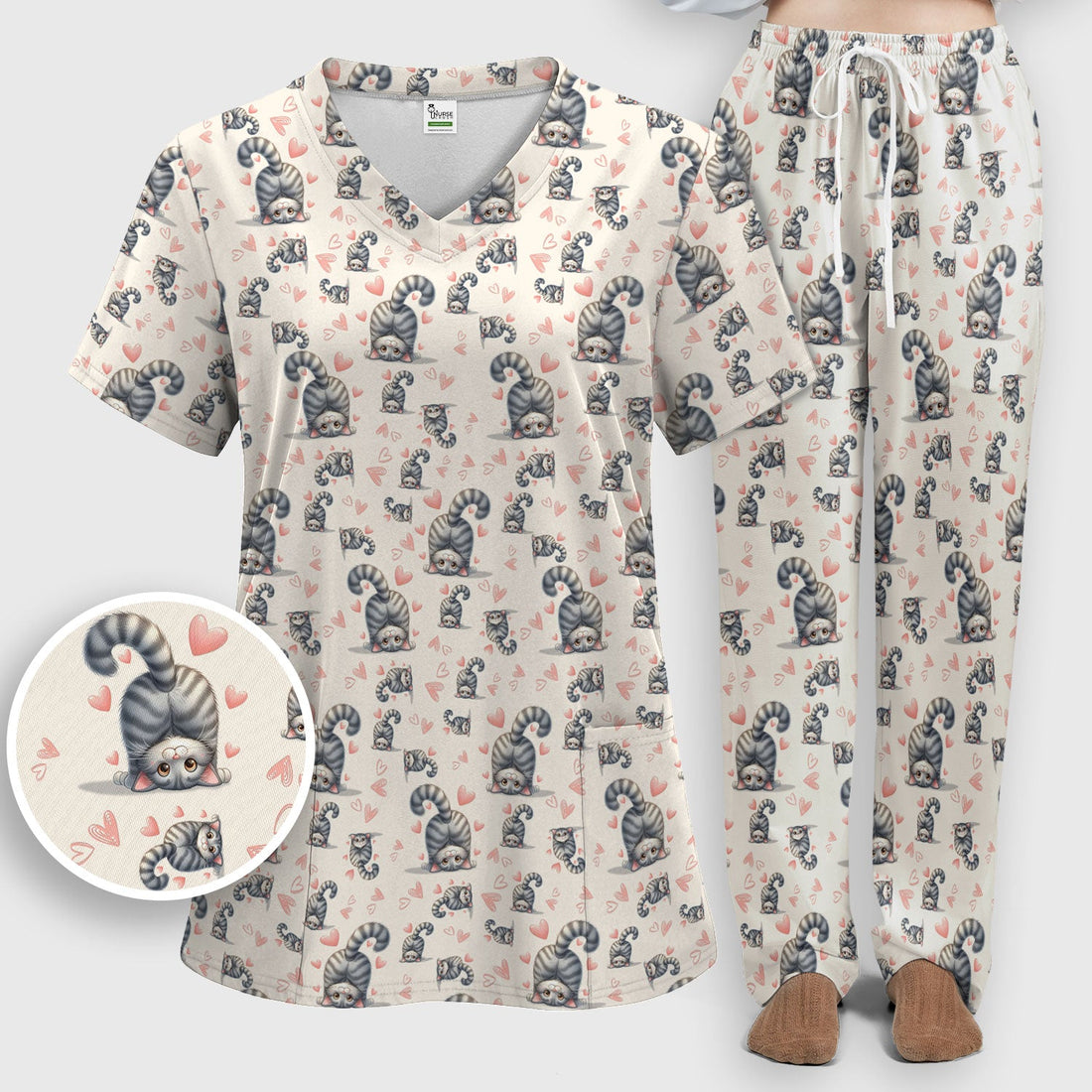 Valentine Cute Cat Heart Nurse Scrub Set