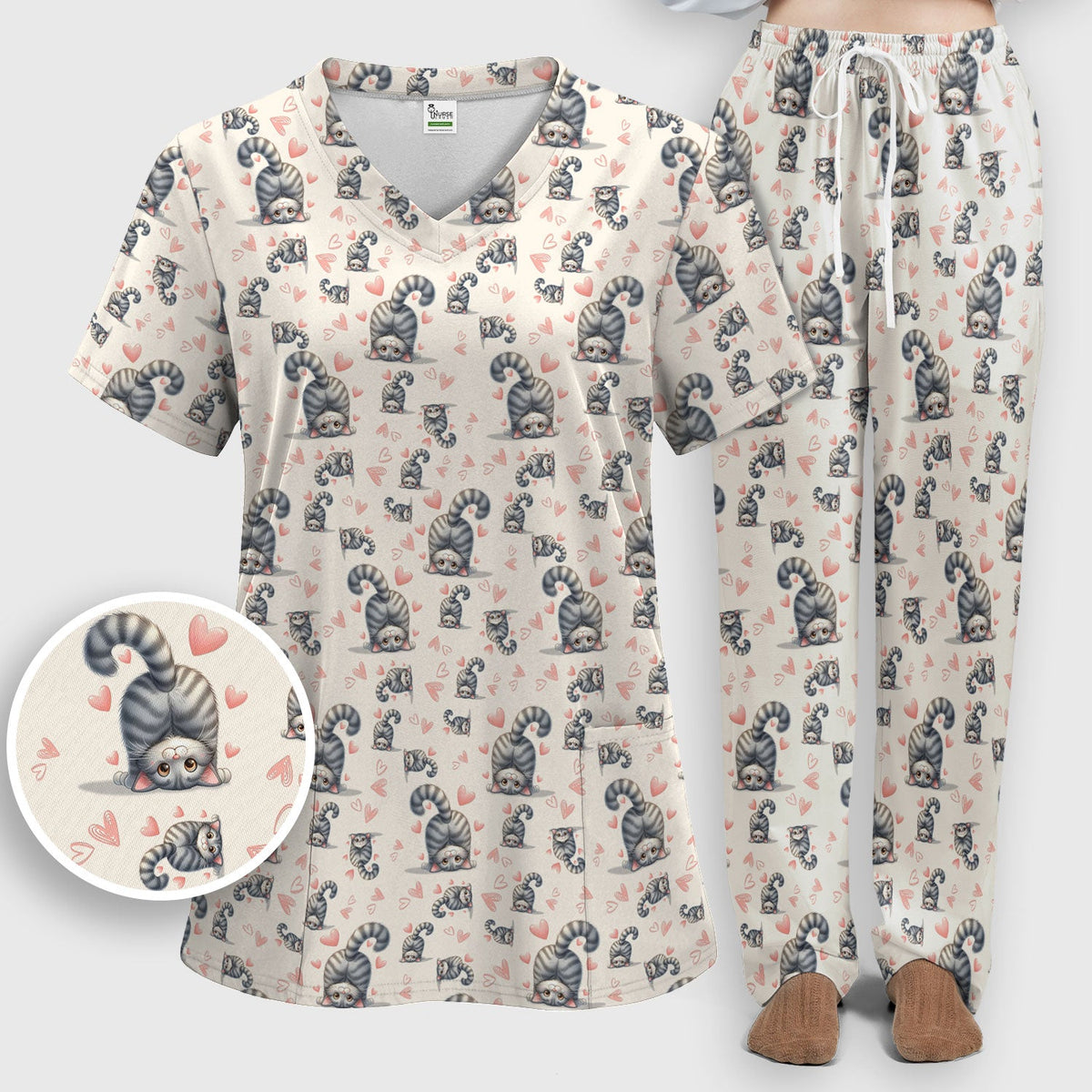 Valentine Cute Cat Heart Nurse Scrub Set