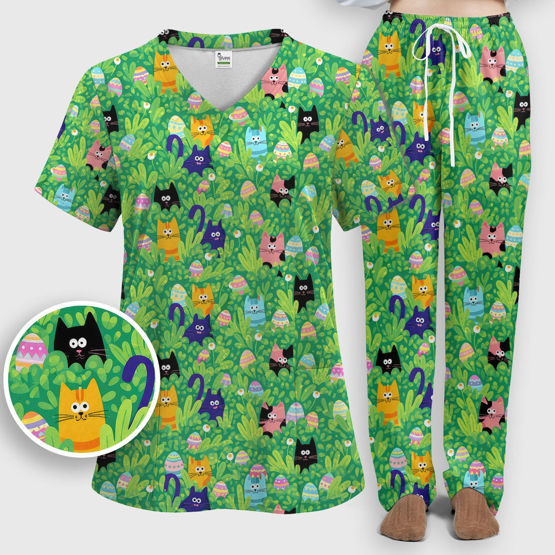 Colorful Easter Cats Green Leaves Nurse Scrub Set