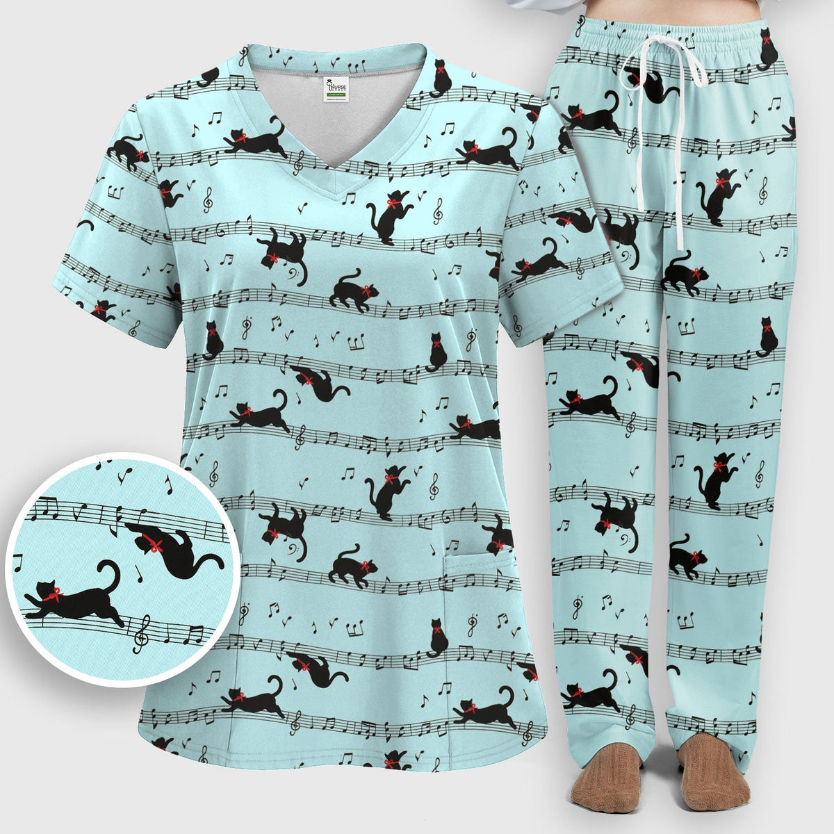 Dancing Black Cat Music Nurse Scrub Set