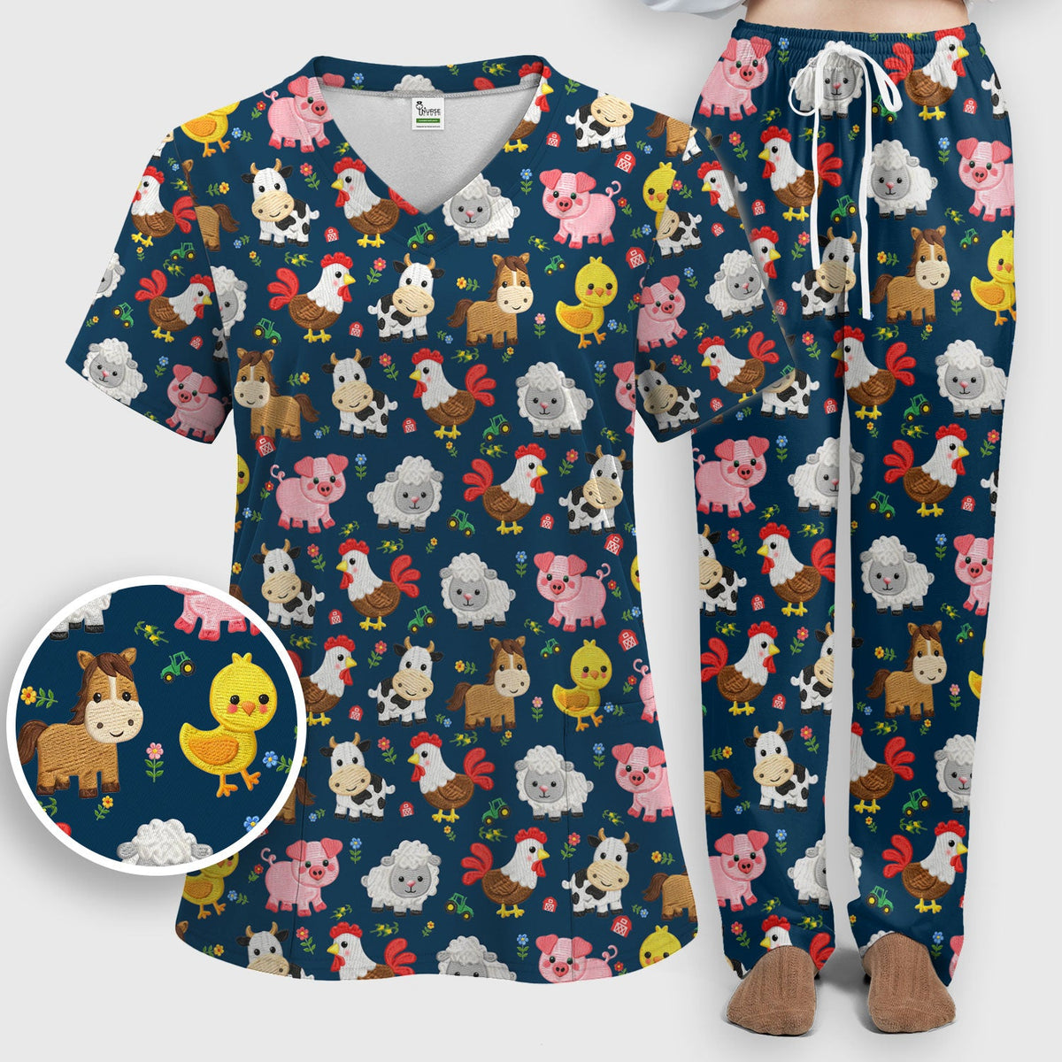 Cartoon Farm Animal Nurse Scrub Set