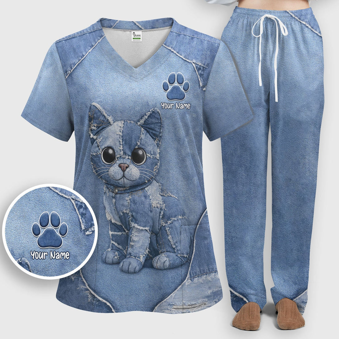 Personalized Patchwork Denim Cat Nurse Scrub Set