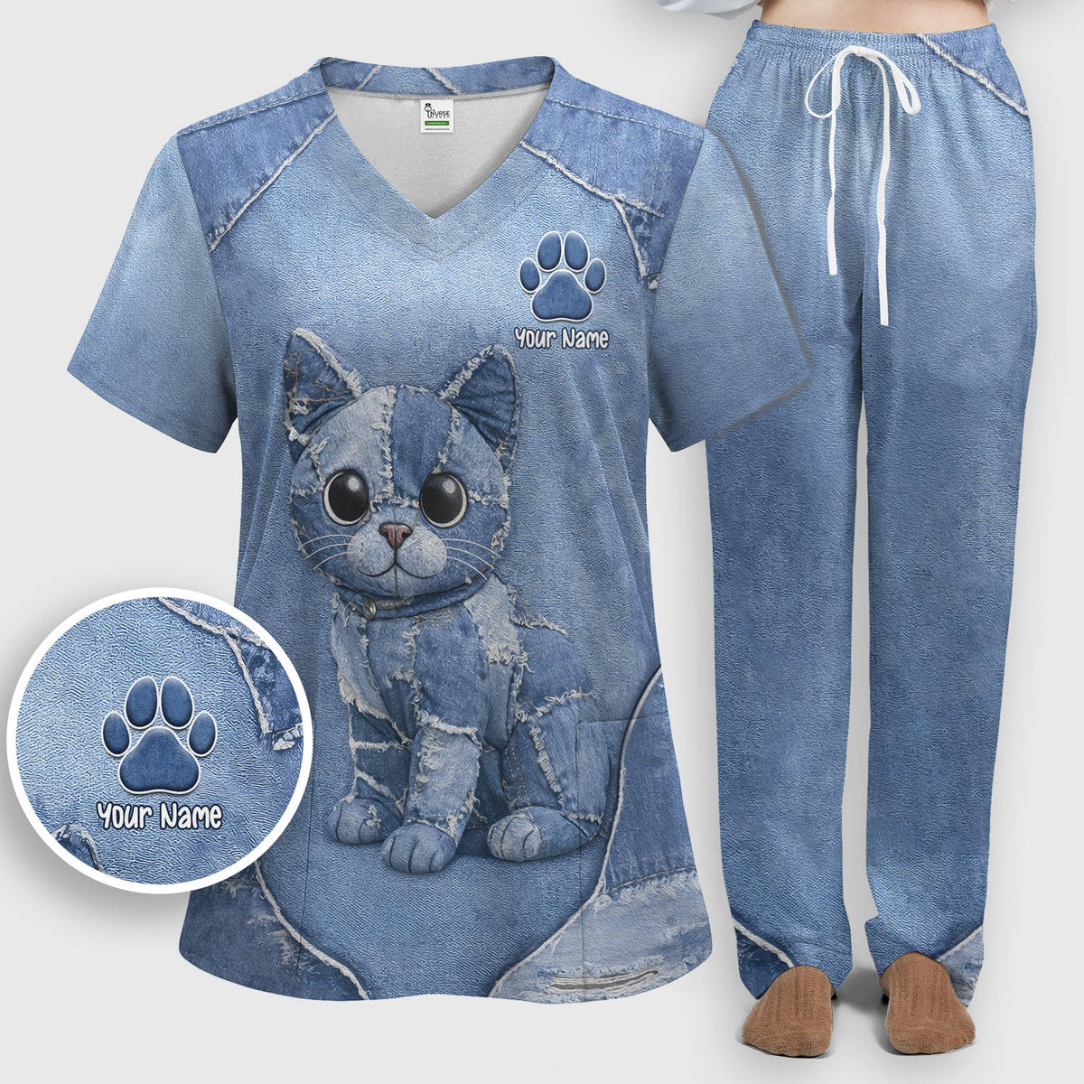 Personalized Patchwork Denim Cat Nurse Scrub Set