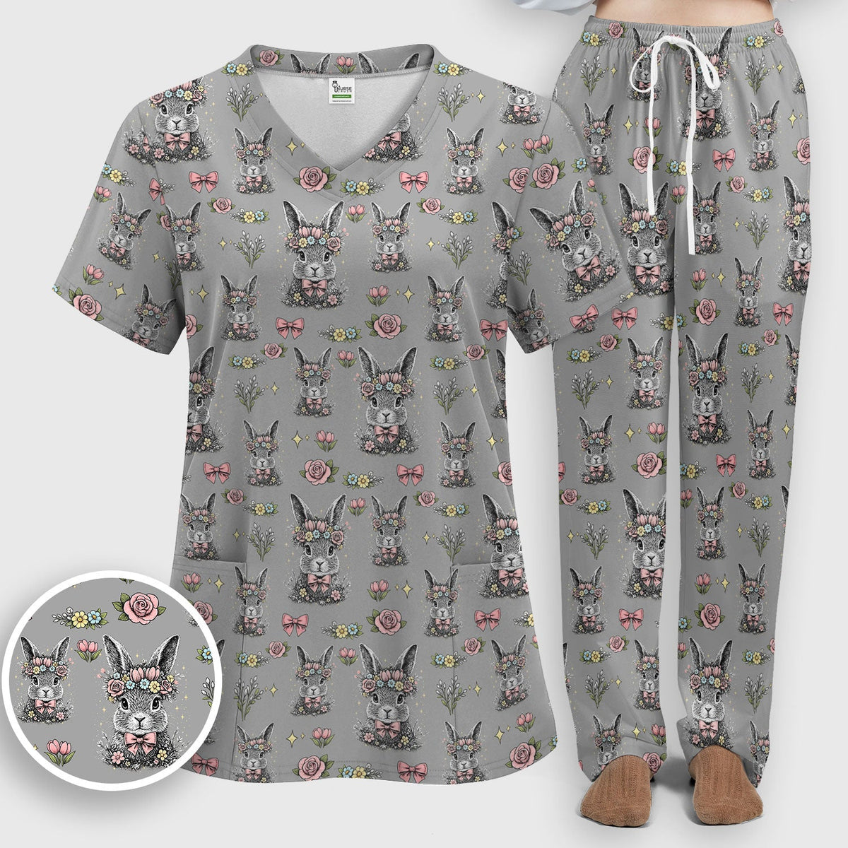 Vintage Floral Bunny Nurse Scrub Set