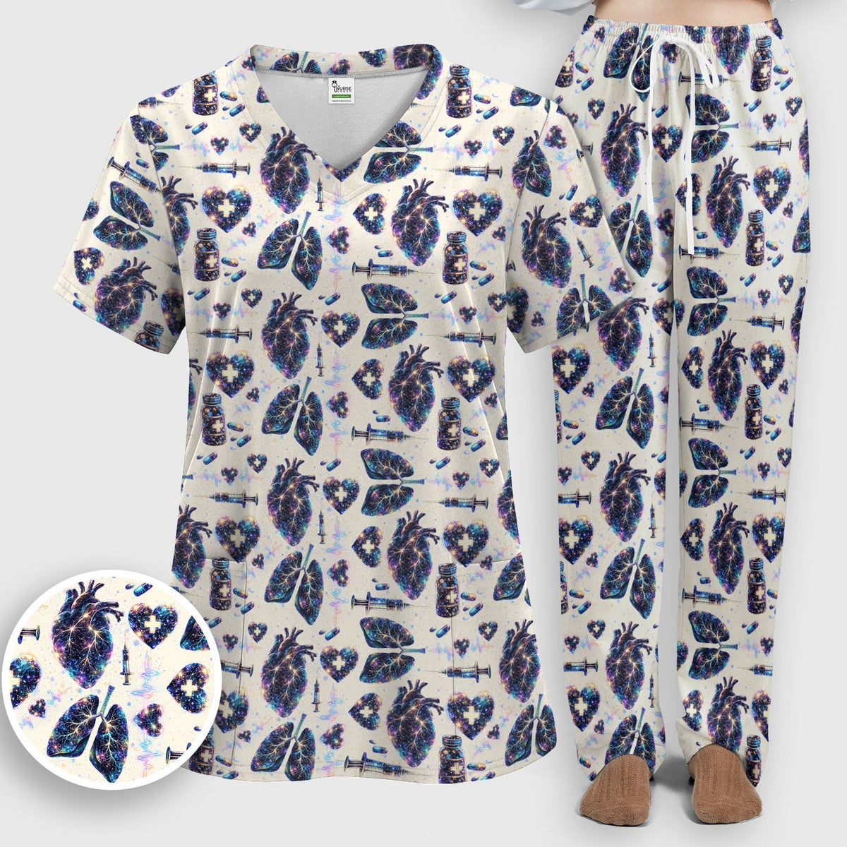 Galaxy Anatomical Heart Lung Syringe Nurse Scrub Set