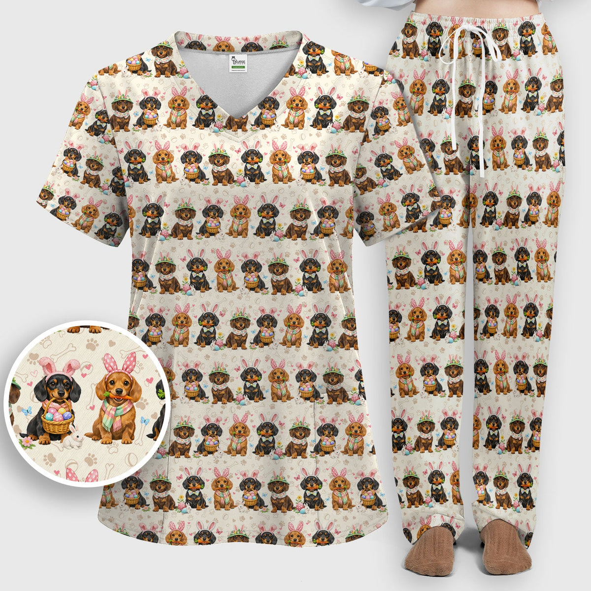 Easter Dachshund Bunny Nurse Scrub Set