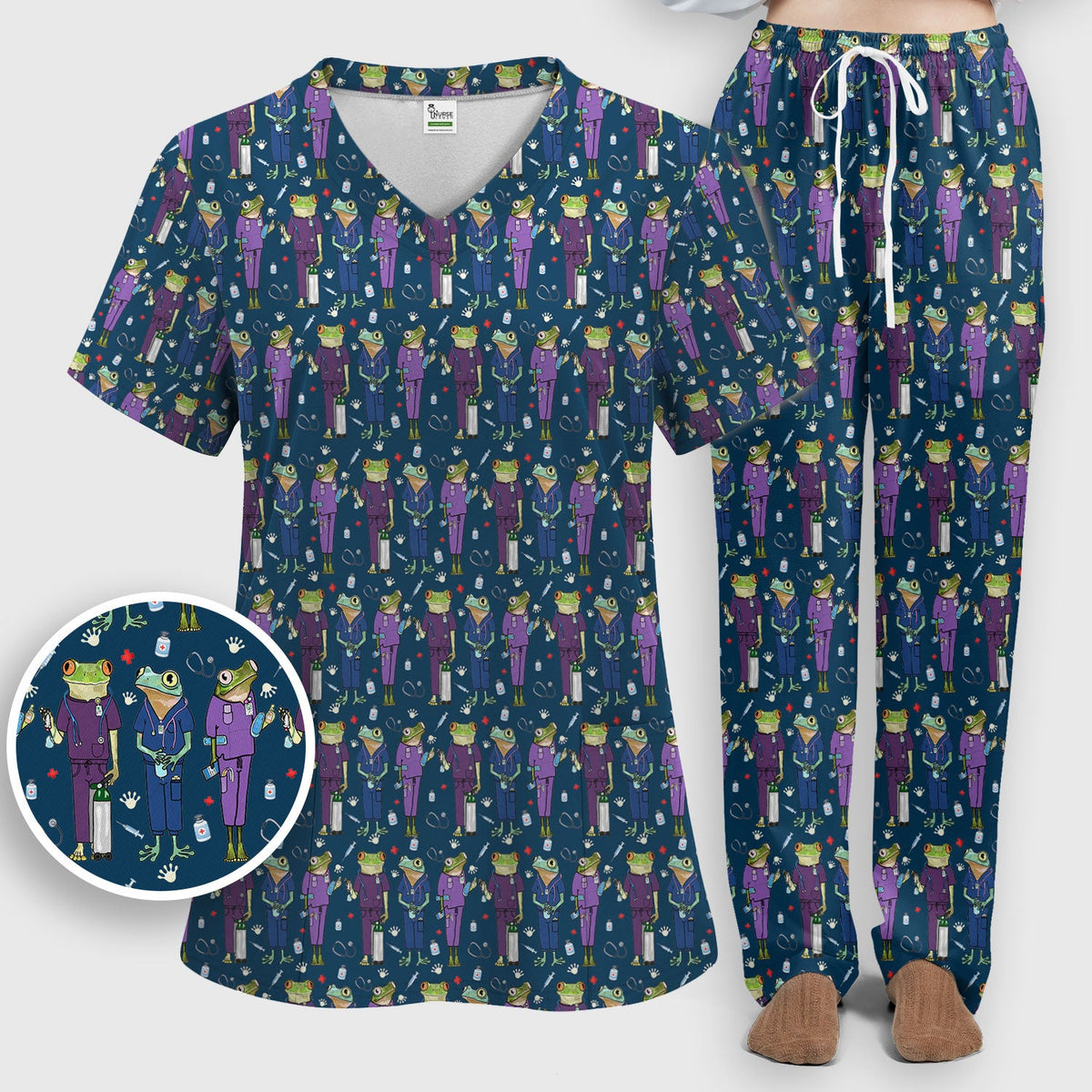 Funny Frog Nurse Pattern Scrub Set, Scrub Pants and V Neck Top