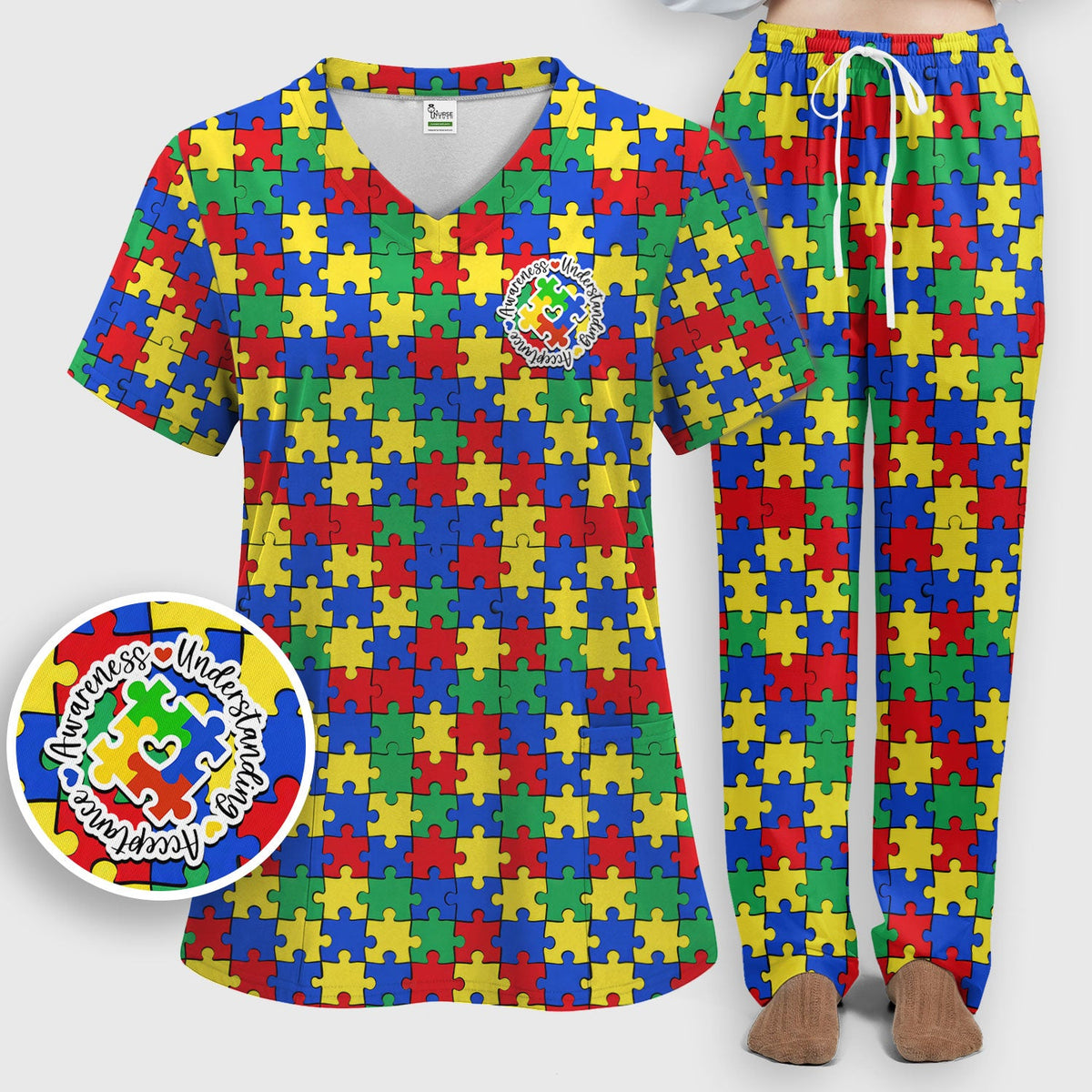 Autism Awareness Puzzle Nurse Scrub Set