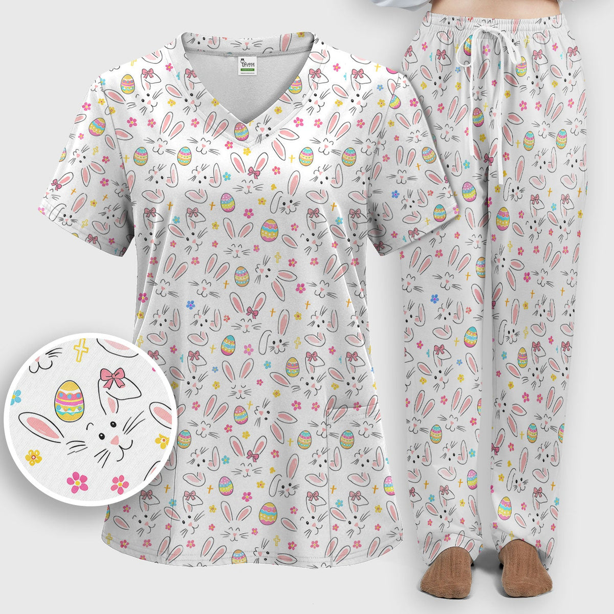 Bunny Faces Pastel Egg Nurse Scrub Set - Easter Gift